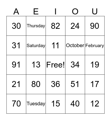 Numbers, Days, Month Bingo Card