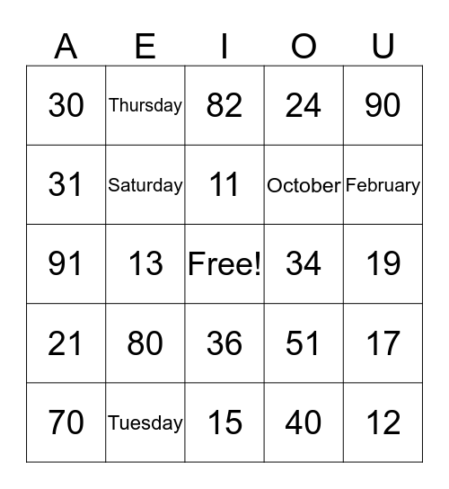 Numbers, Days, Month Bingo Card
