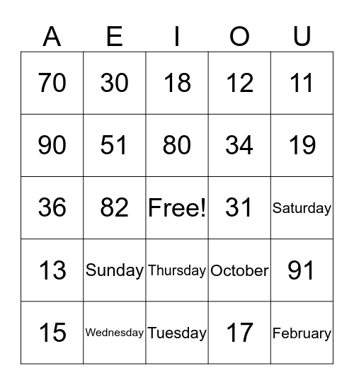 Numbers, Days, Month Bingo Card