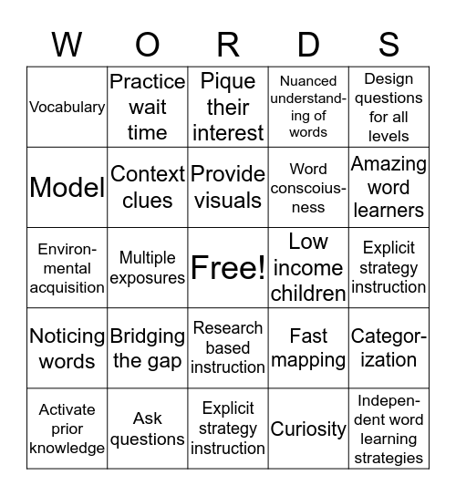 Vocabulary Bingo Card