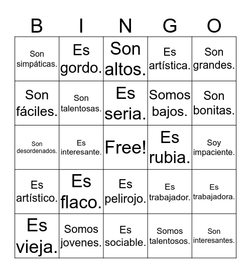 Traits with Ser Bingo Card