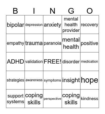 Mental Health Bingo Card