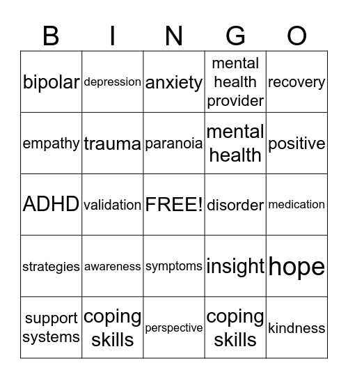 Mental Health Bingo Card