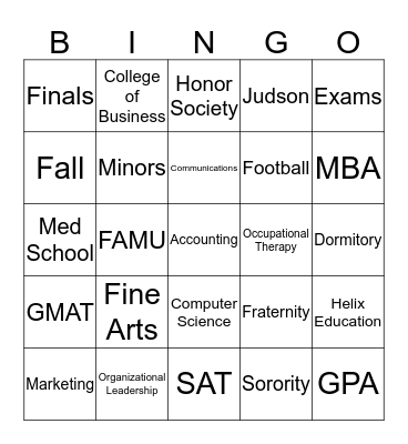 College Bingo Card