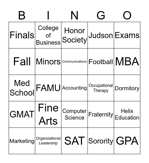 College Bingo Card