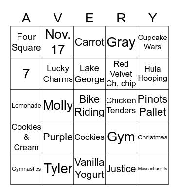 Avery Bingo Card