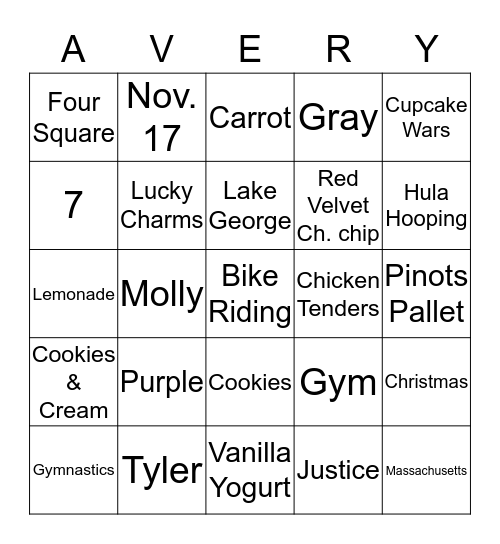 Avery Bingo Card