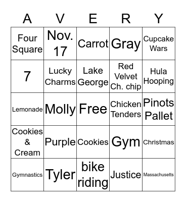 Avery Bingo Card