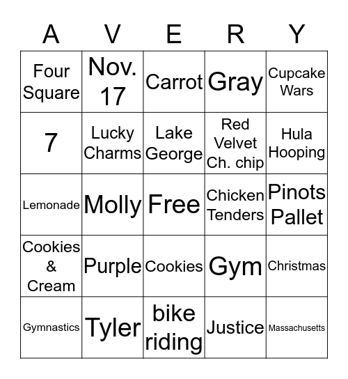 Avery Bingo Card