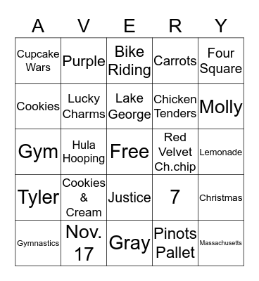 Avery Bingo Card