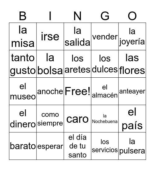 Spanish B Spring Final Review Bingo Card