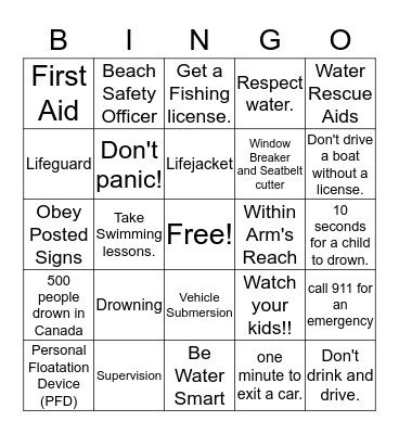 Water Safety Bingo Card