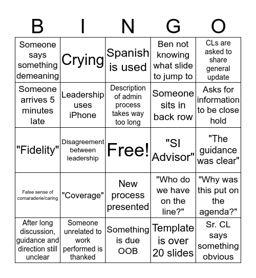 COA Meeting Bingo Card