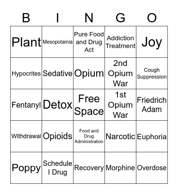 Opioids and Fentanyl Bingo Card