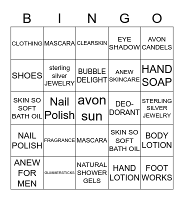 AVON Bingo Card