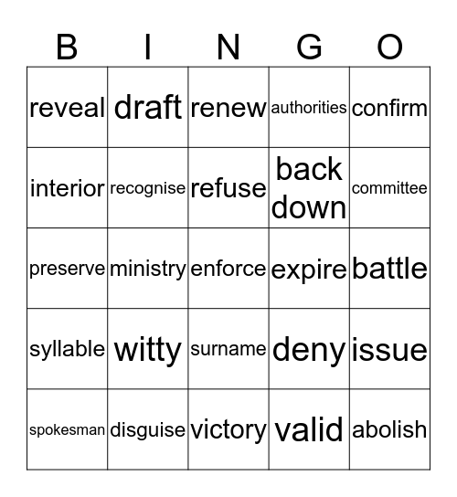 Class 8 Unit 13 Bingo Card