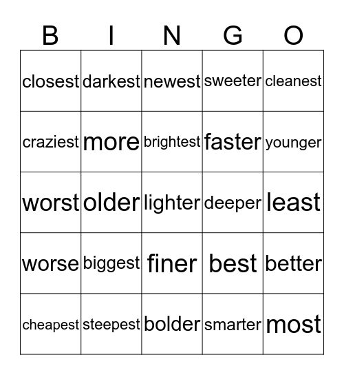 Comparatives & Superlatives Bingo Card