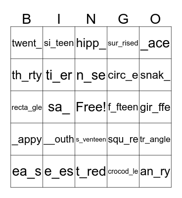 English Bingo Card