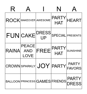 Raina's Awesome Bingo Card