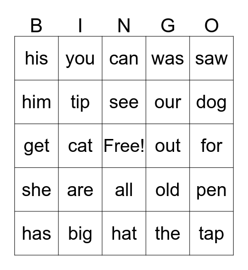 Three-letter Words Bingo Card