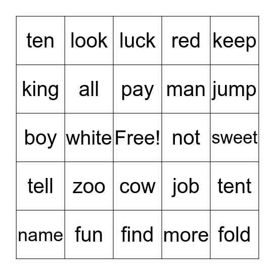 Key Word Bingo Card