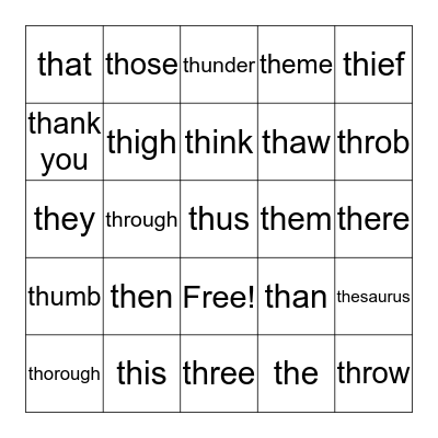 Beginning TH Sounds Bingo Card