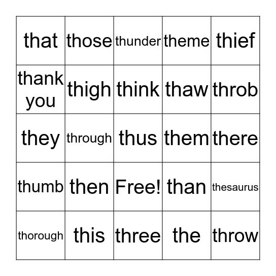 Beginning TH Sounds Bingo Card