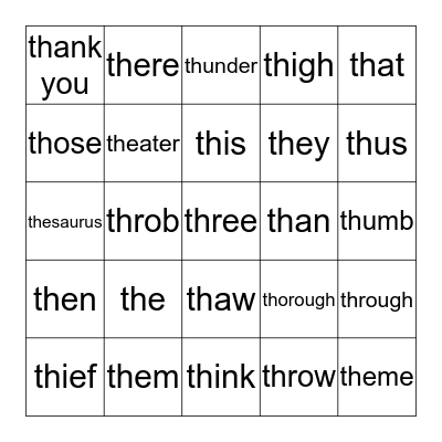 Beginning TH Sounds Bingo Card