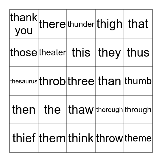 Beginning TH Sounds Bingo Card