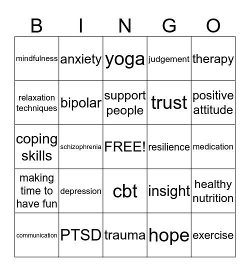 Mental Health Bingo Card