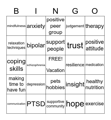 Mental Health Bingo Card