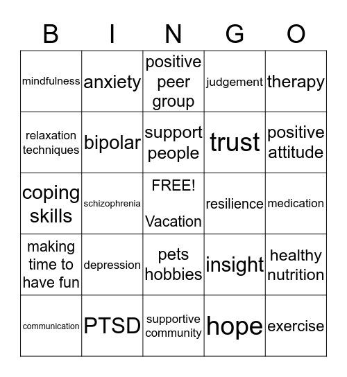 Mental Health Bingo Card