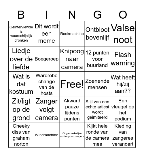 Eurovisie Songfestival Bingo Card