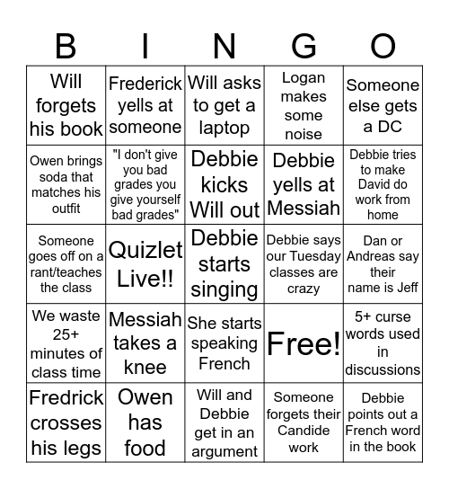 English Arrangement 6 Bingo Card