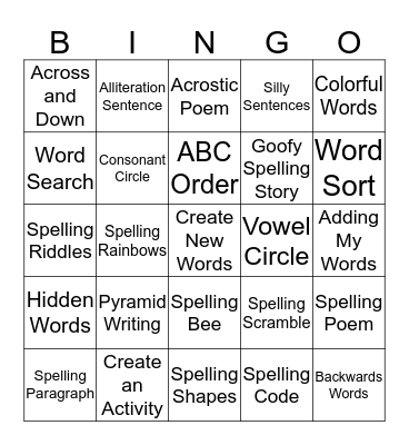 Spelling Activity BINGO Card