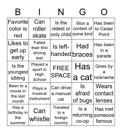 Ice Breaker Bingo Card