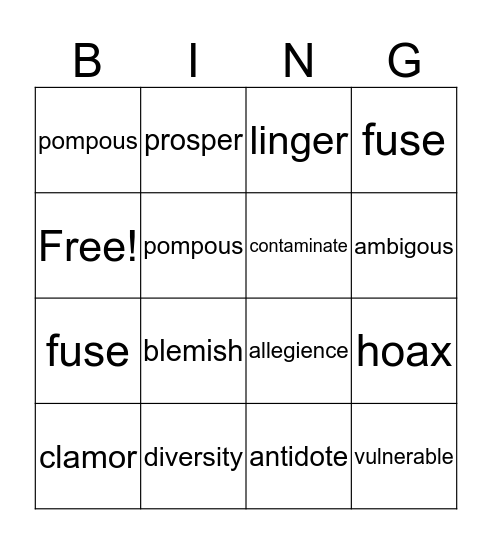 Week 28 Vocabulary Bingo Card