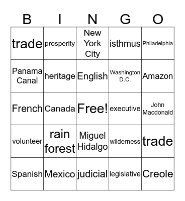 Social Studies Trivia Bingo Card