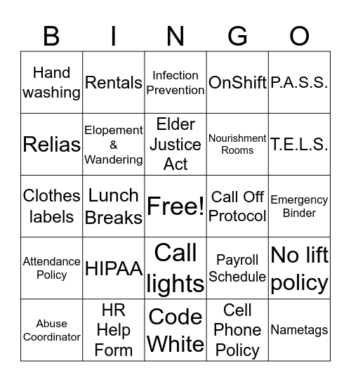 Orientation Bingo Card