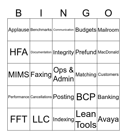 Ops & Admin BINGO Card