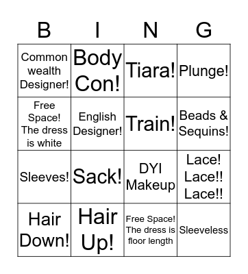 Wedding Dress Bingo Card