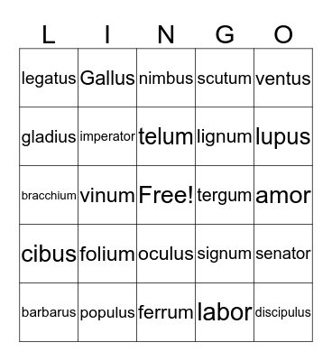 Second Form Unit 5 Vocabulary Bingo Card