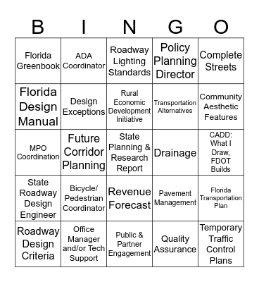 FDOT Roadway Design/Policy Planning Blackout Bingo Card