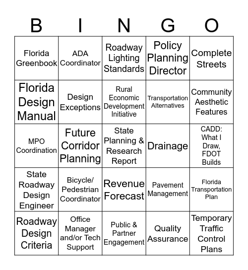 FDOT Roadway Design/Policy Planning Blackout Bingo Card