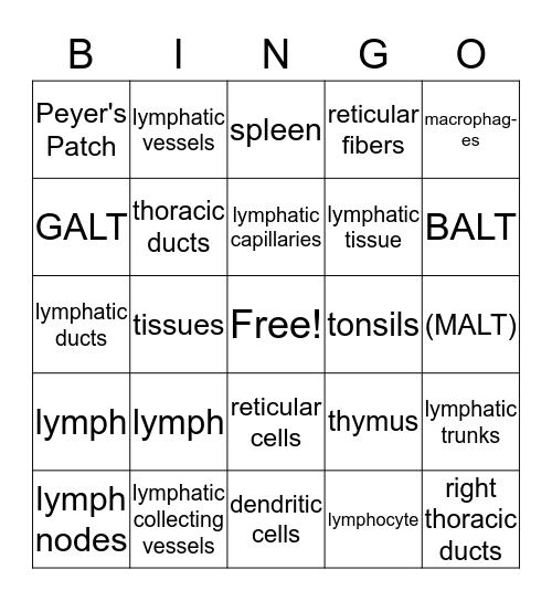 Lymphatic Bingo Card