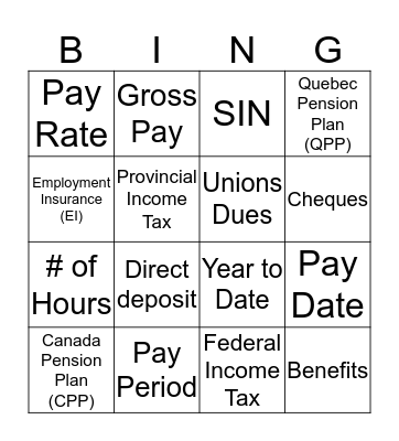 PayStub  Bingo Card