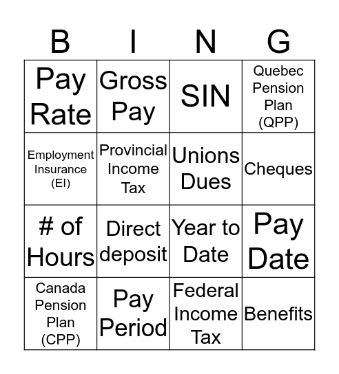 PayStub  Bingo Card