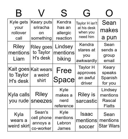 Co-worker B.V.S.Go Bingo Card
