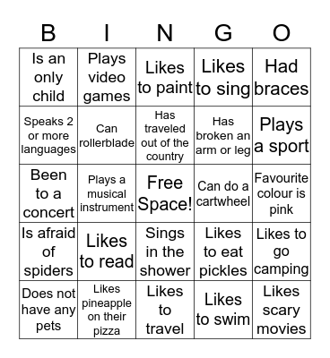 Get to know me Bingo Card