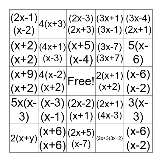 Factoring Bingo Card